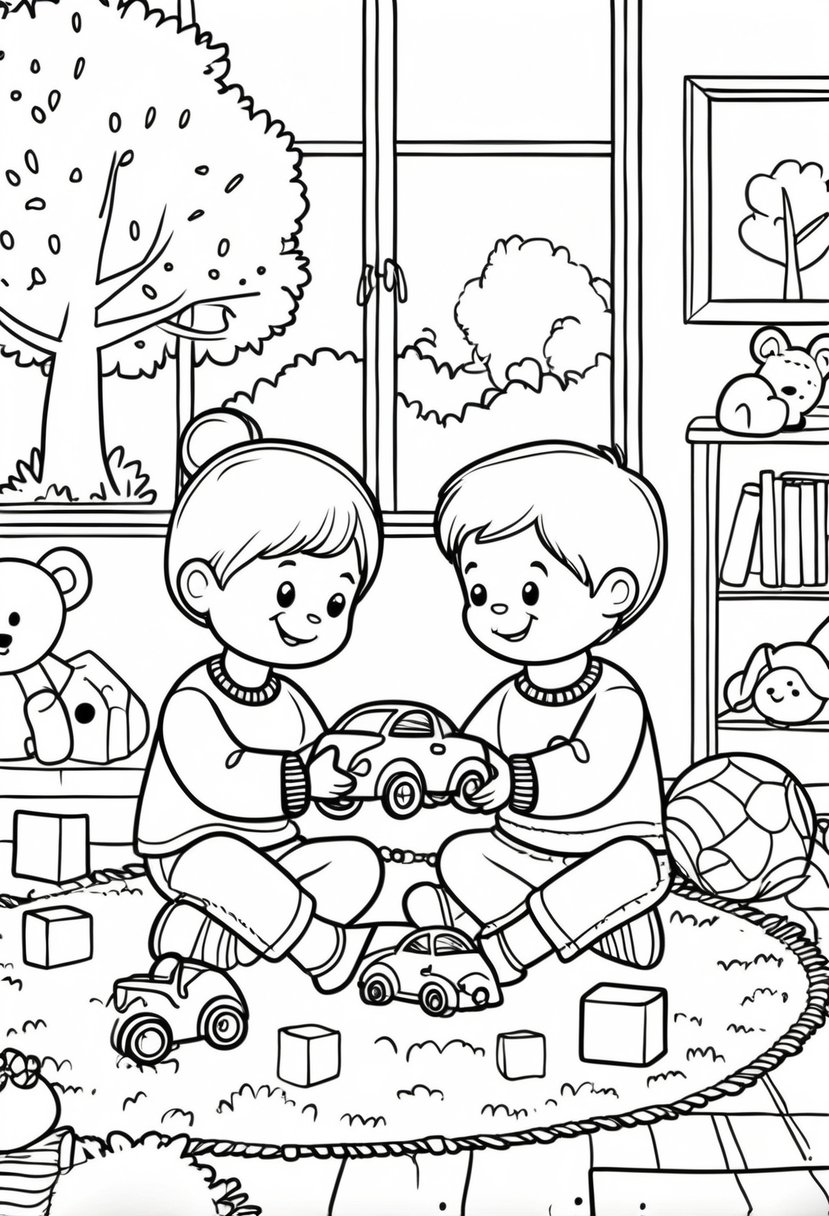 Family Coloring Pages 16 Fun and Creative Designs for All Ages 24 Two siblings sitting on a rug in a living room, happily sharing toys like a toy car, blocks, and stuffed animals.